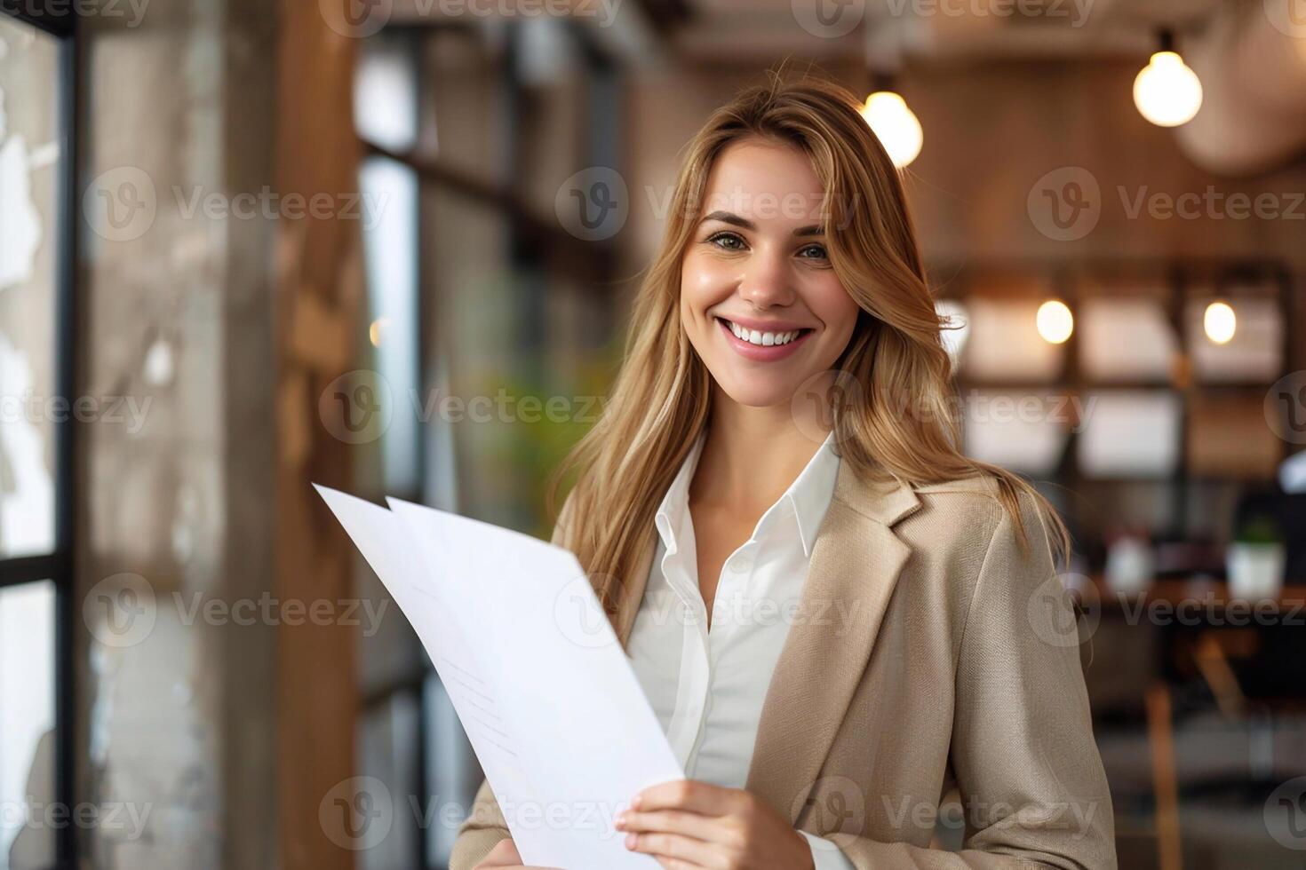 Business woman smiling confidently while holding home insurance documents, well-lit office, symbolizing business success photo