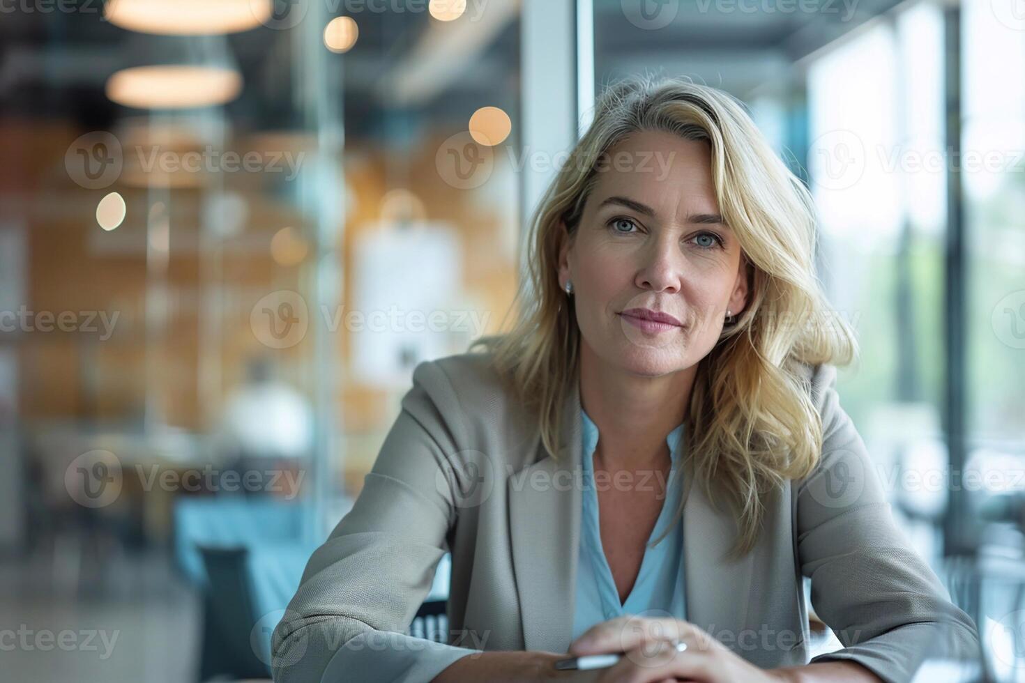 Business woman in a bright office, holding a meeting to discuss home insurance improvements, collaborative environment photo