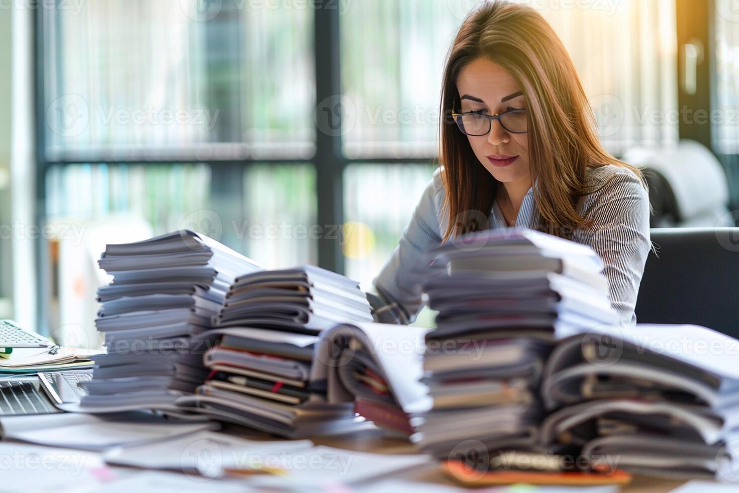 Business woman at a desk with multiple home insurance files, working diligently, bright office, high detail photo