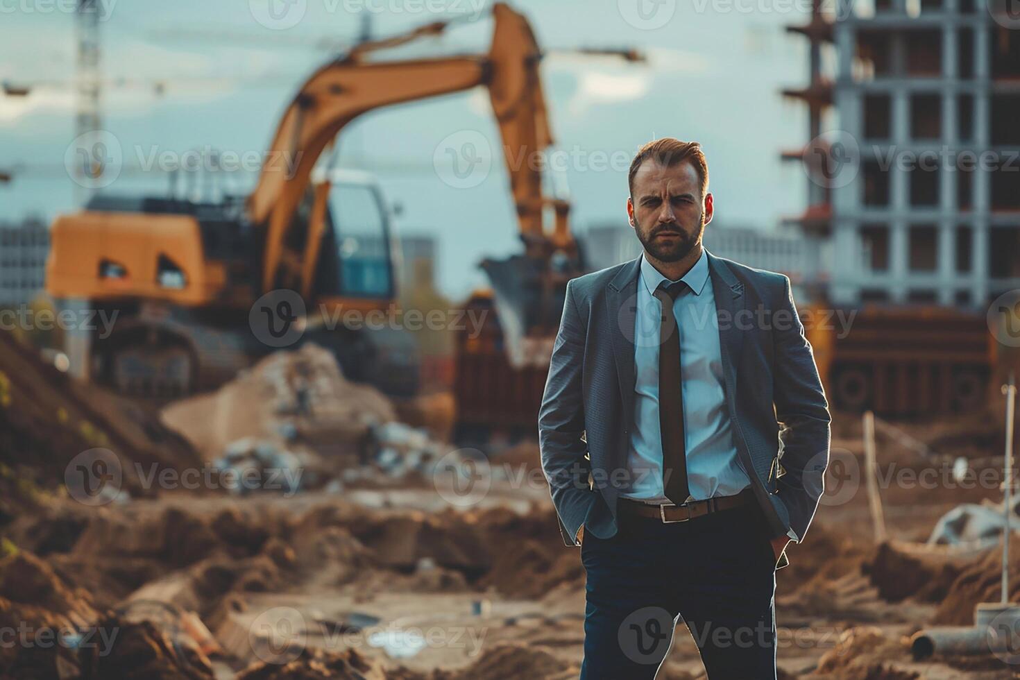 Businessman standing in front of a construction site with autonomous machinery, showcasing technological progress photo