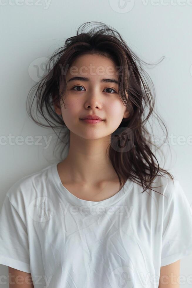 Asian girl with an enchanting smile, dressed in a white t-shirt, photographed against a white backdrop, clear and vivid image photo