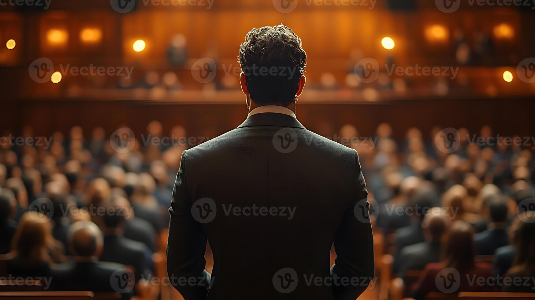 Corporate speaker giving a presentation, audience in a business conference, entrepreneurship strategies, engaged listeners photo
