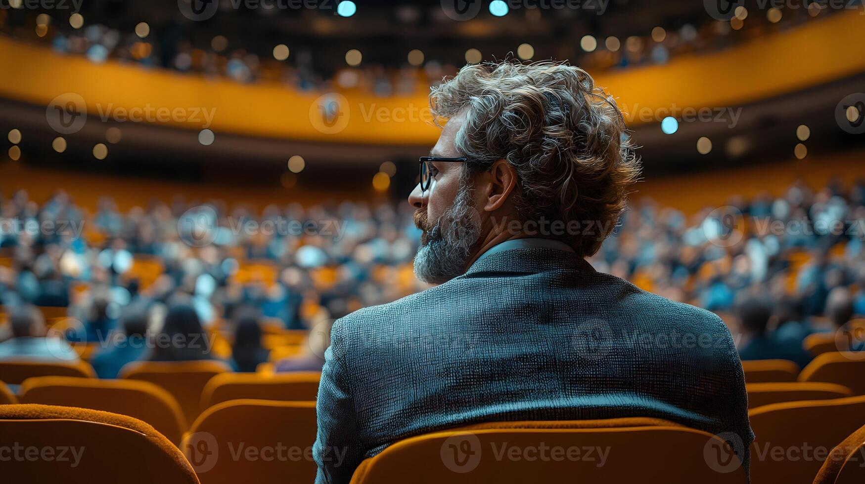 Business conference with a speaker presenting to a focused audience, corporate strategies, entrepreneurship ideas photo