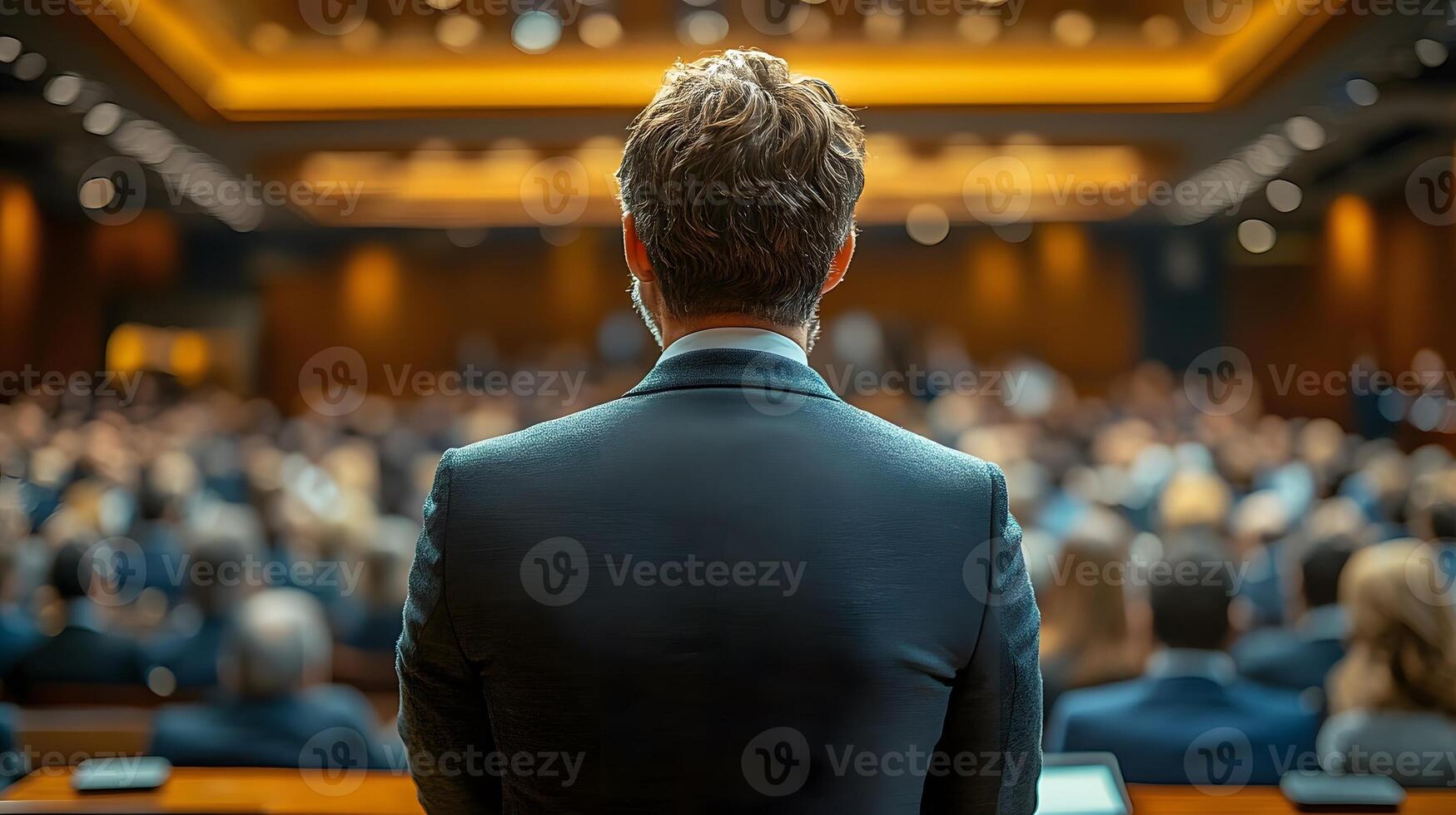 Business presentation by a speaker in a corporate meeting, audience in a conference room, entrepreneurship discussion photo