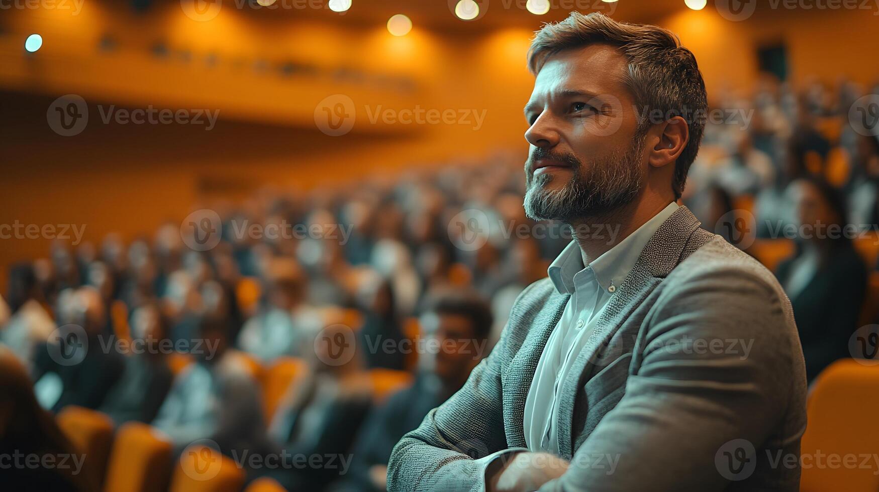 Business professional giving a presentation at a corporate event, engaged audience, entrepreneurship strategies photo