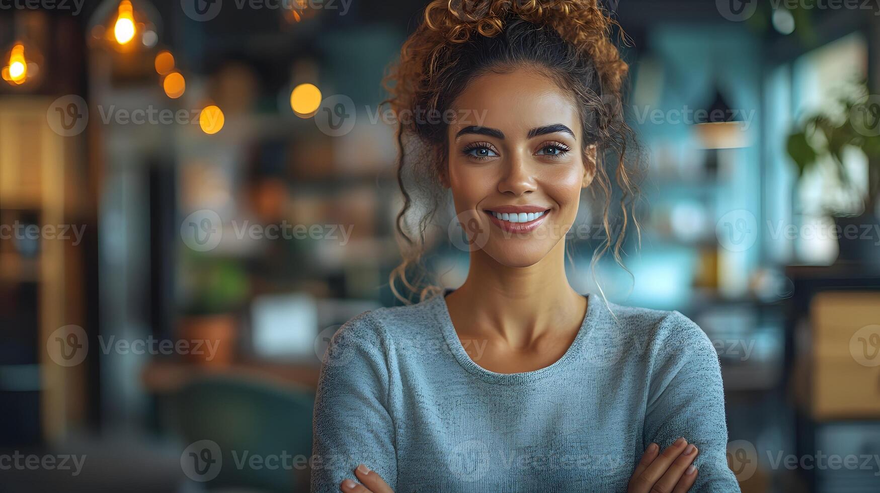 Businesswoman presenting during a meeting, discussing marketing strategies with her team in a stylish, modern workspace photo