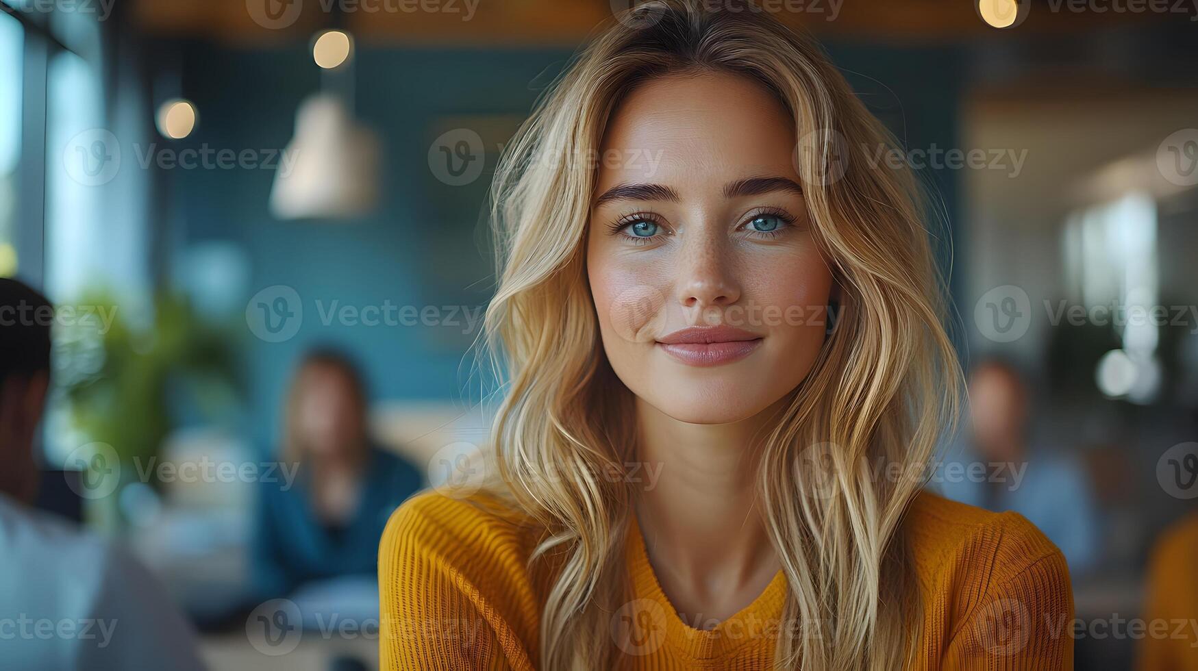 Confident female entrepreneur explaining marketing strategy to her colleagues during a team meeting in a bright, modern office photo