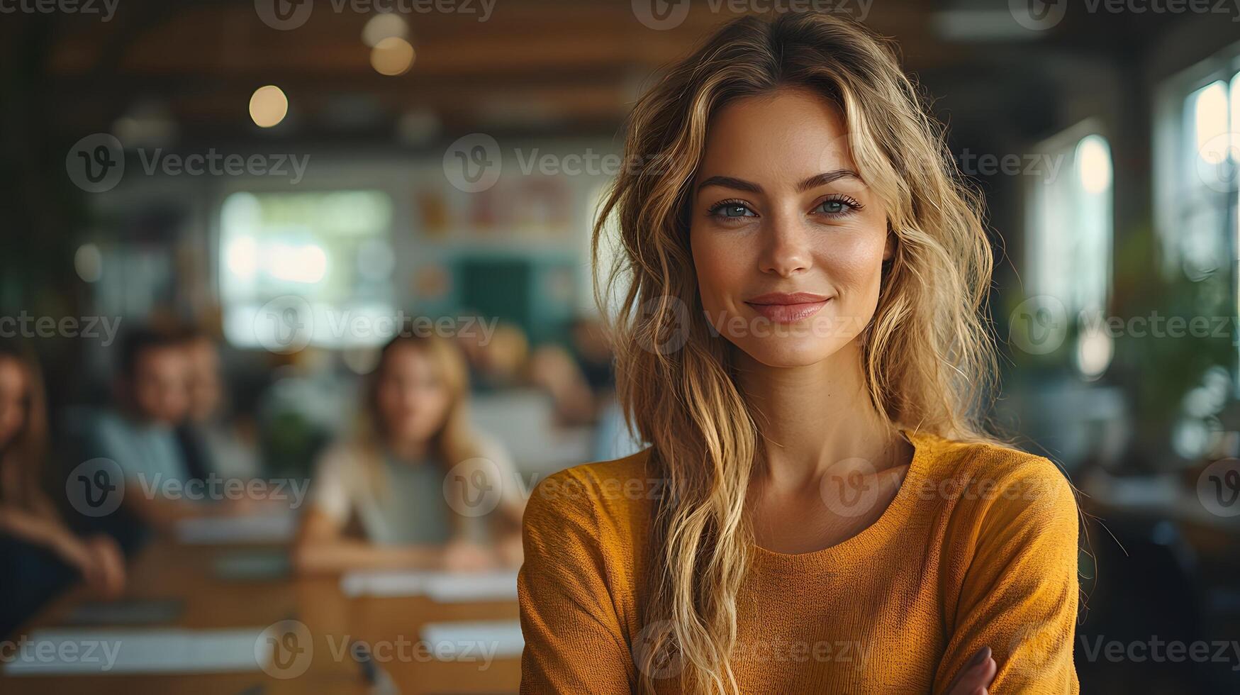 Female entrepreneur leading a marketing strategy session with her team, confidently presenting in a bright, modern workspace photo