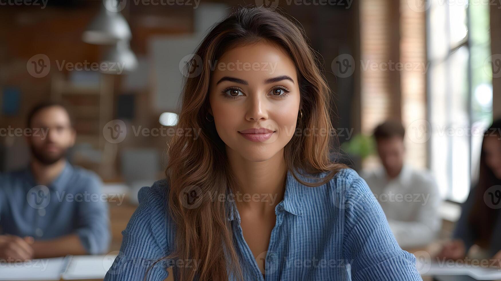 Female entrepreneur leading a marketing strategy session with her team, confidently presenting in a bright, modern workspace photo