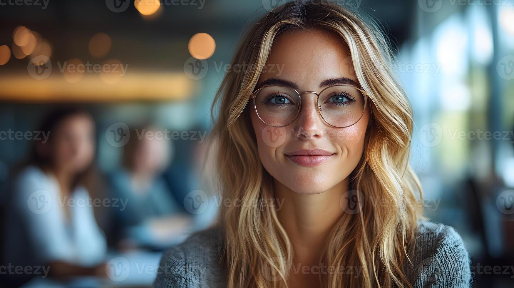 Female entrepreneur discussing marketing plans with her team, confidently presenting in a bright, modern office photo