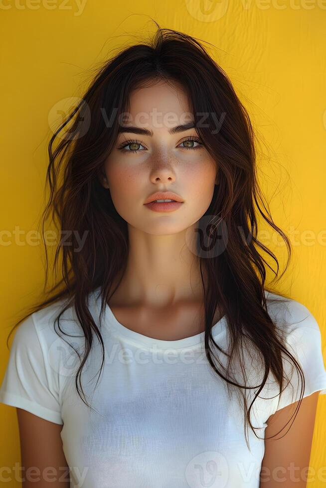 Top half body image of a young woman in a white t-shirt against a yellow blur backdrop, suited for clothing brand promotion. photo