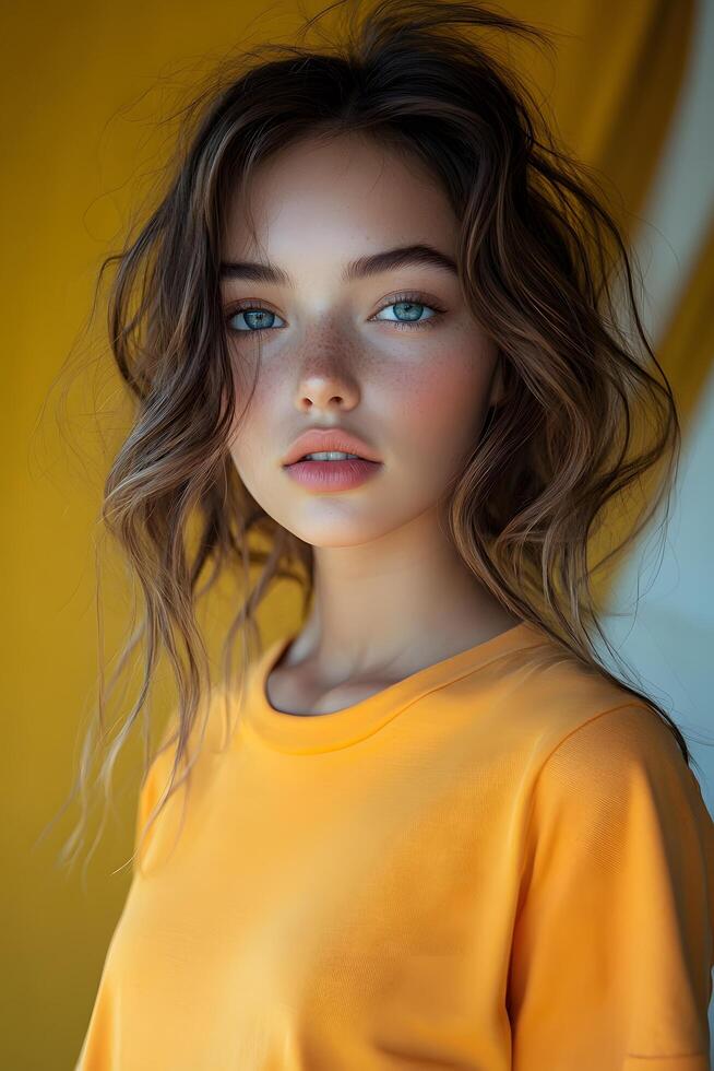 Close-up portrait of a young woman in an orange t-shirt, top half body, with a yellow blurred backdrop for brand showcase. photo