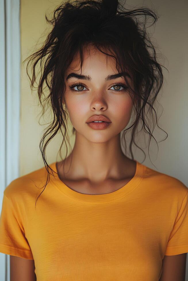 Young woman wearing an orange t-shirt, top half body shot, with a yellow soft blur background, for clothing brand presentation. photo