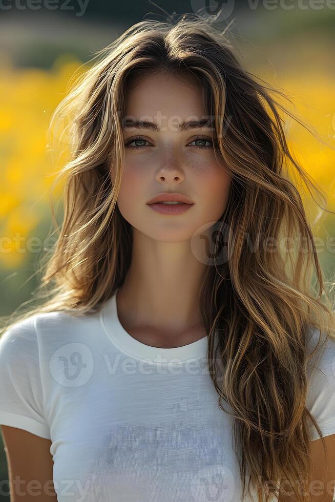 Elegant portrait of a young woman in a white t-shirt, looking at the camera with a yellow blur background, perfect for fashion brand visuals. photo