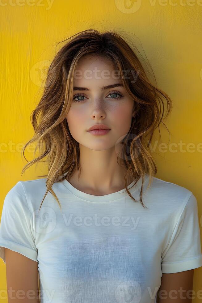 Clean top half body portrait of a young woman in a white t-shirt, with a yellow blur background, ideal for clothing brand imagery. photo