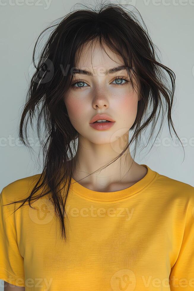 Young woman wearing a yellow t-shirt, top half body shot, with a white soft blur background, for clothing brand presentation. photo