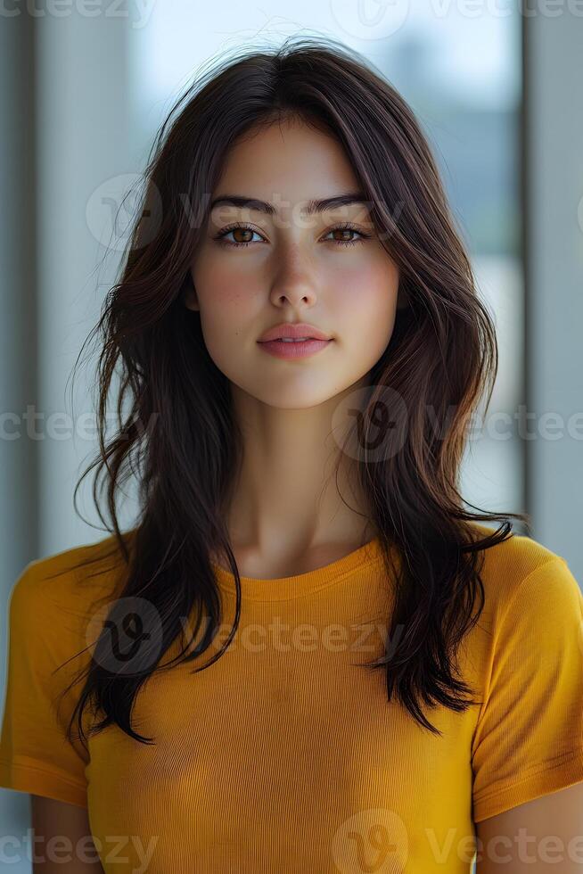 Close-up portrait of a young woman in a yellow t-shirt, top half body, with a white blurred backdrop for brand showcase. photo
