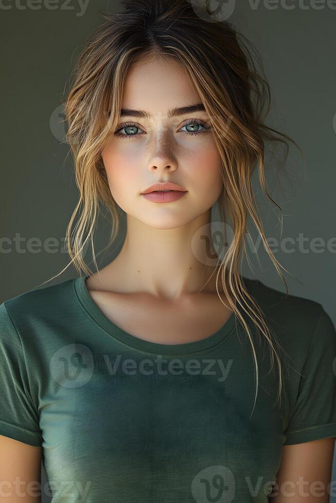 Top half portrait of a young woman in a green t-shirt, looking directly at the camera with a white blurred background. photo