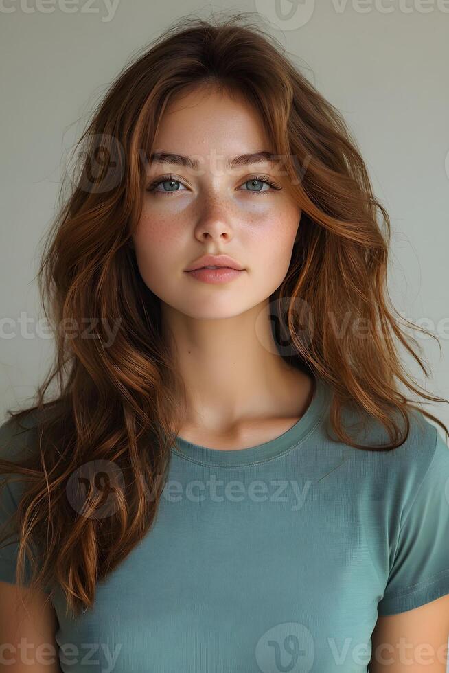 Young woman wearing a green t-shirt, top half body portrait with a clean white blur background for fashion presentation. photo