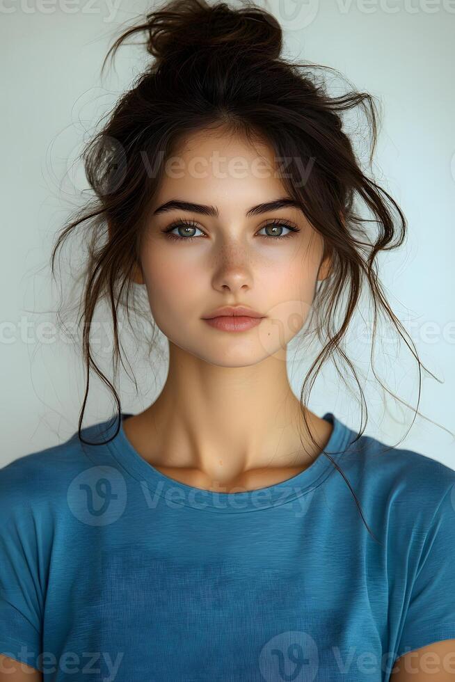 Top half body image of a woman in a blue t-shirt, looking straight ahead, with a white soft blur background. photo