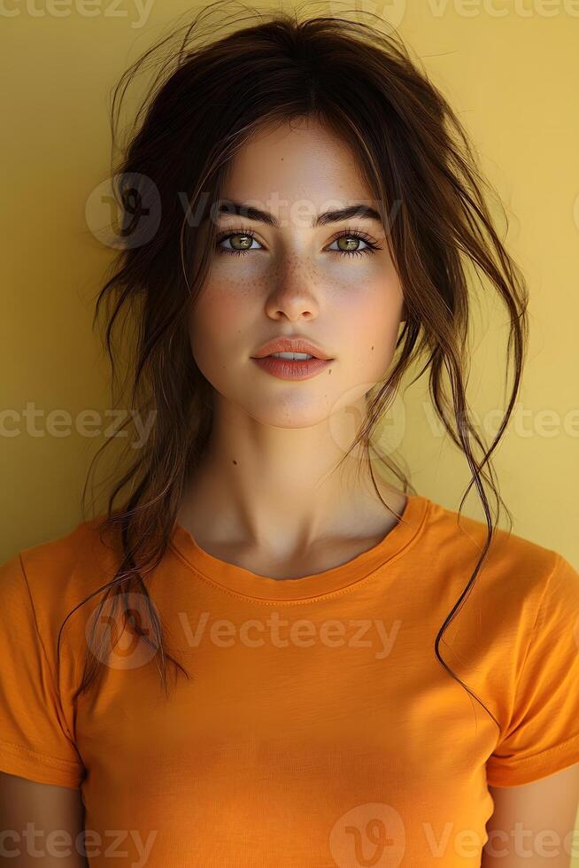 Beautiful young woman in an orange t-shirt, top half body shot, facing the camera against a soft yellow blur background. photo