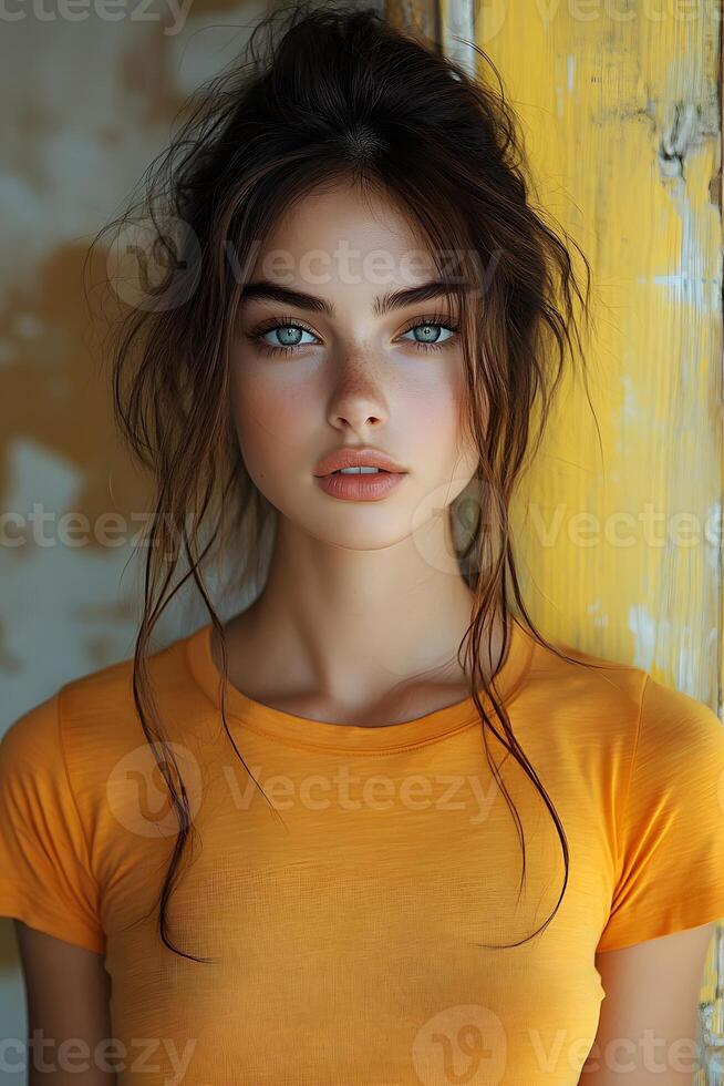 Portrait of a beautiful young woman in an orange t-shirt, showing the top half body and looking at the camera with a yellow blurred backdrop. photo