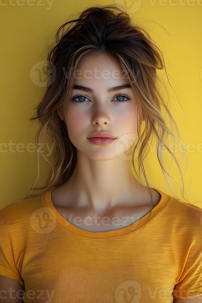 Yellow blur background with a young woman in an orange t-shirt, top half body, looking directly at the front camera. photo