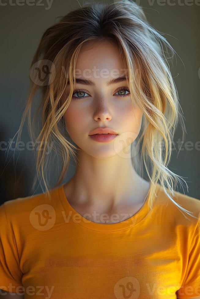 Yellow blur background with a young woman in an orange t-shirt, top half body, looking directly at the front camera. photo