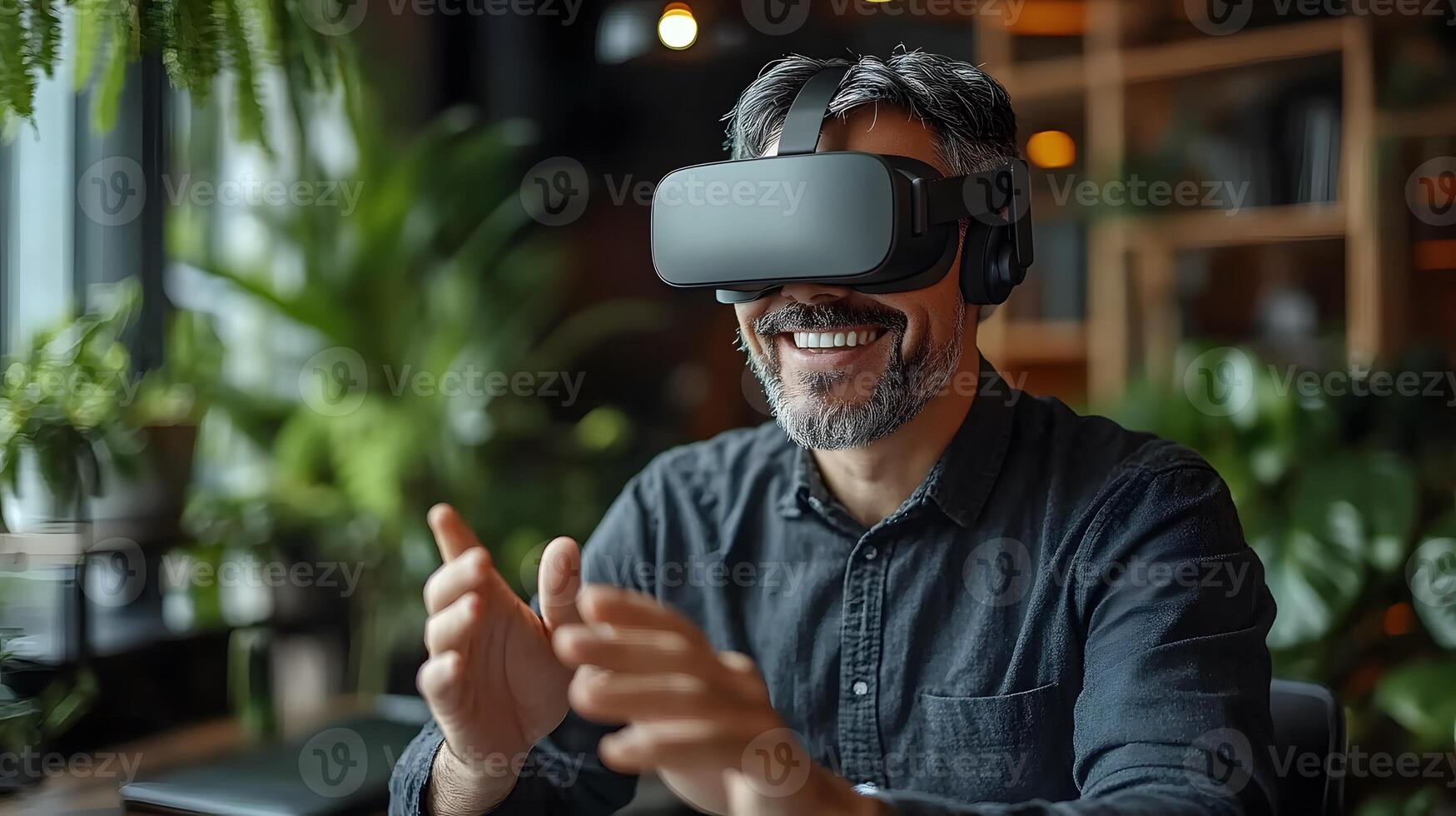 Corporate professional seated at his desk, smiling as he explores virtual reality through VR goggles, making interactive gestures. photo
