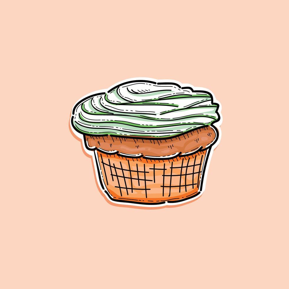 brown cupcake with green white icing illustration design isolated in a cream background sticker style vector