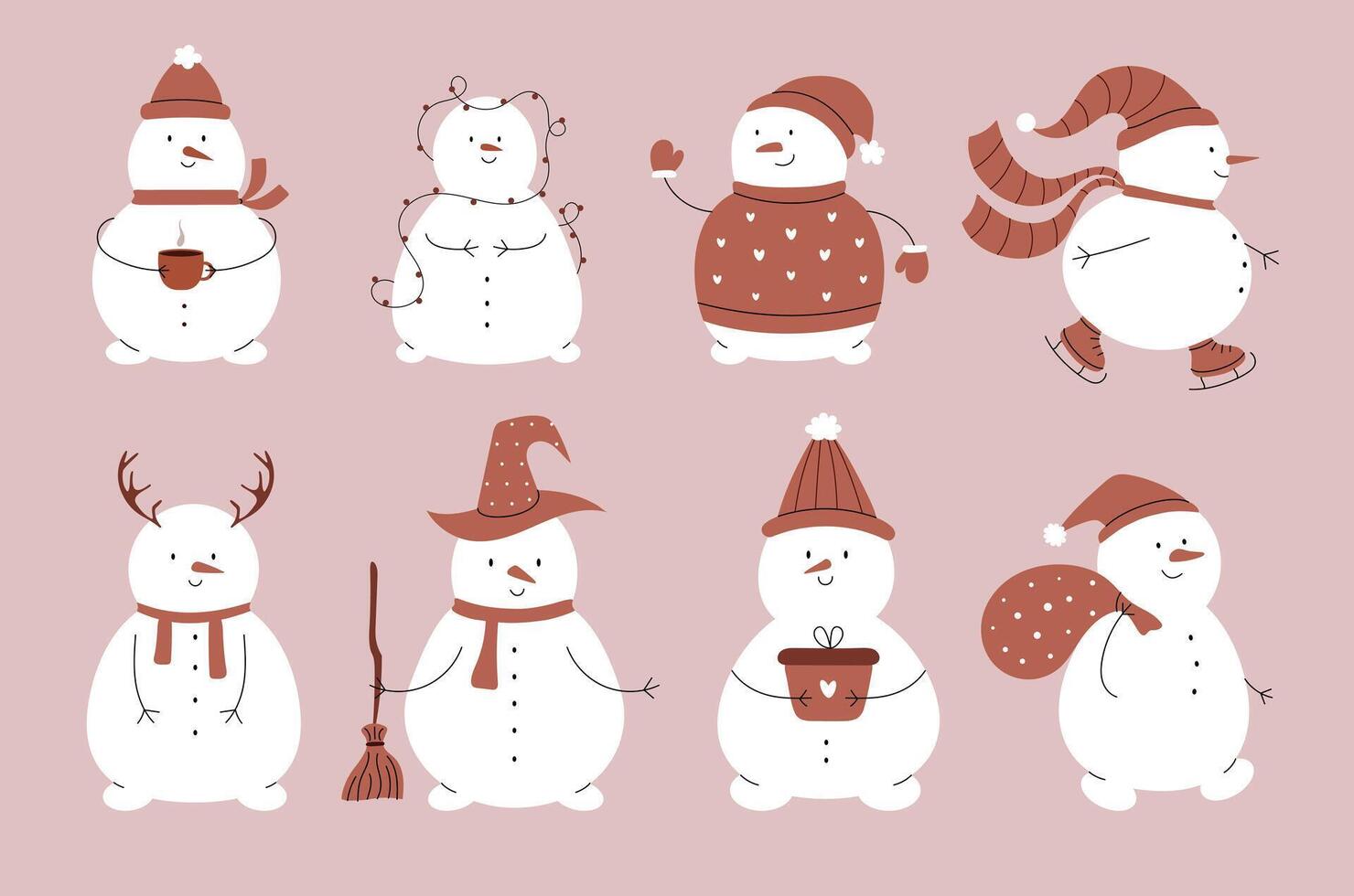 Set of cute snowmen in hat, sweater, with gift, broom, garland, on skates, coffee, deer antlers. Hand drawn flat illustration vector