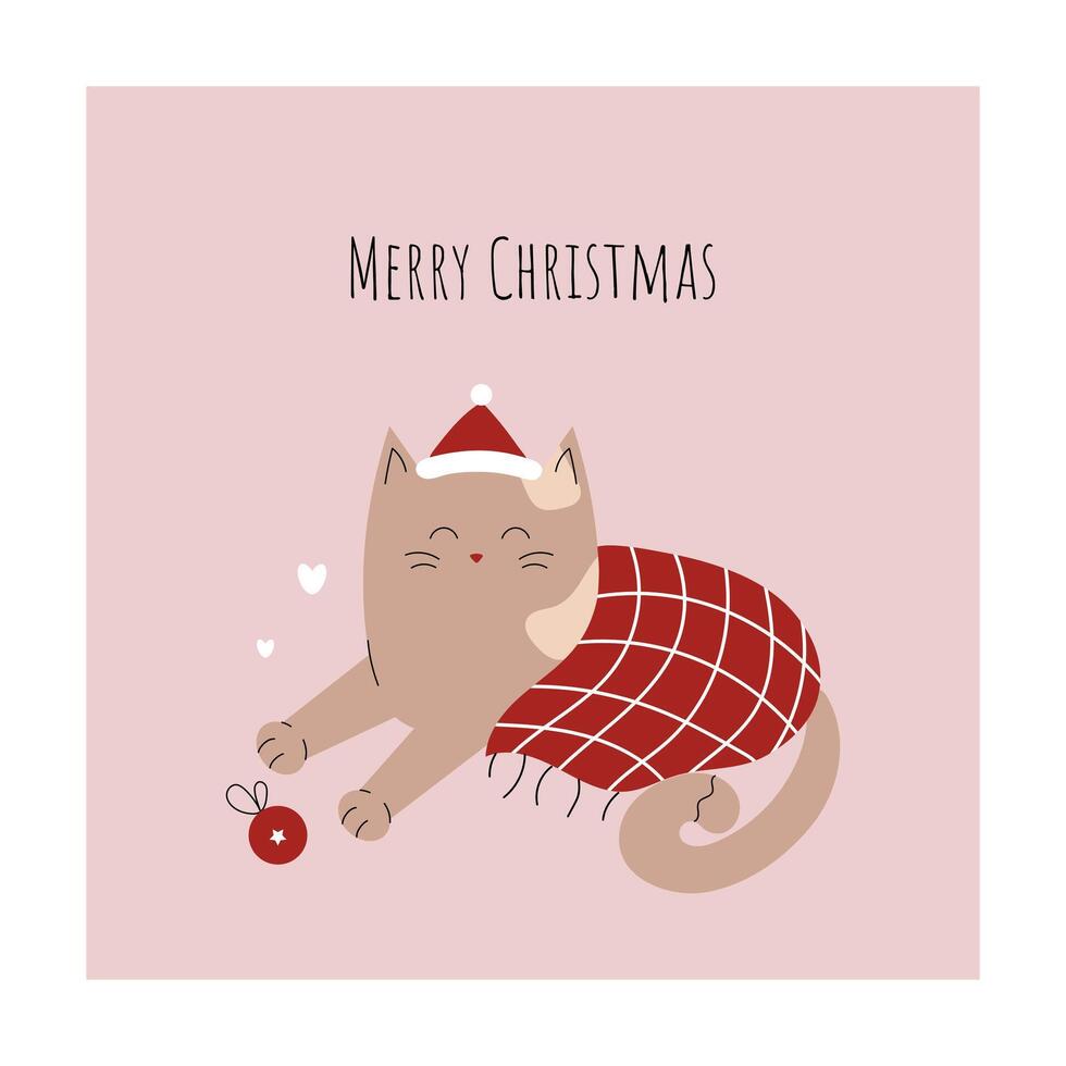 Merry Christmas. Cute cat with a blanket in a Santa hat with a Christmas tree toy. Greeting card, minimalist postcard. Winter mood. Hand drawn illustration. vector