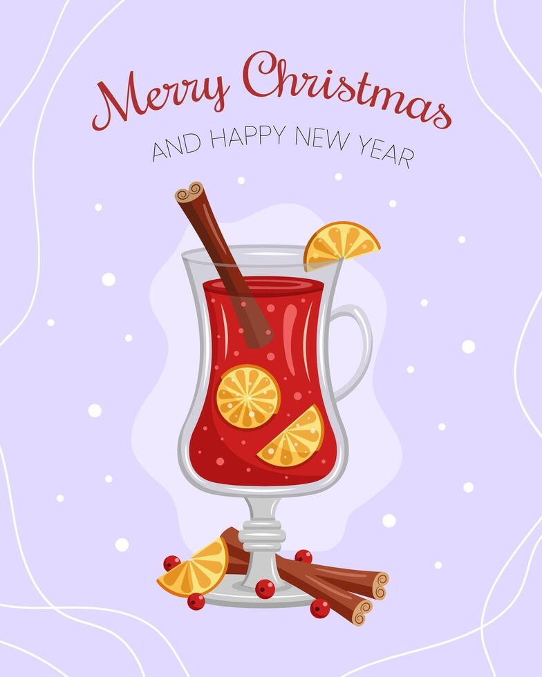 Merry Christmas and Happy New Year. Mulled wine. Cup of hot drink with cinnamon and orange slices. illustration vector