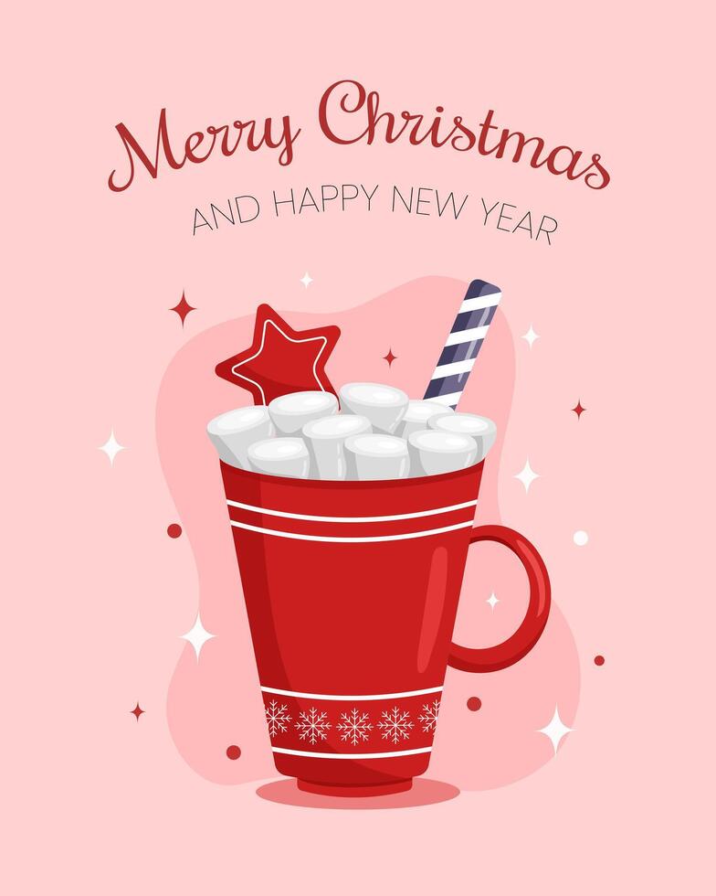 Merry Christmas and Happy New Year. Cup of hot drink with marshmallow, cookie and sweet cane. illustration vector