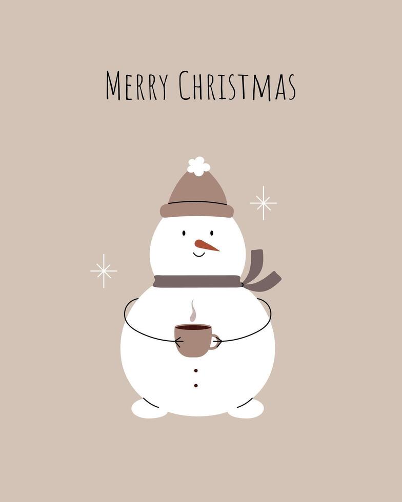 Merry Christmas. Cute snowman with cup of coffee. Greeting card, minimalist card, poster, banner. Hand drawn illustration vector