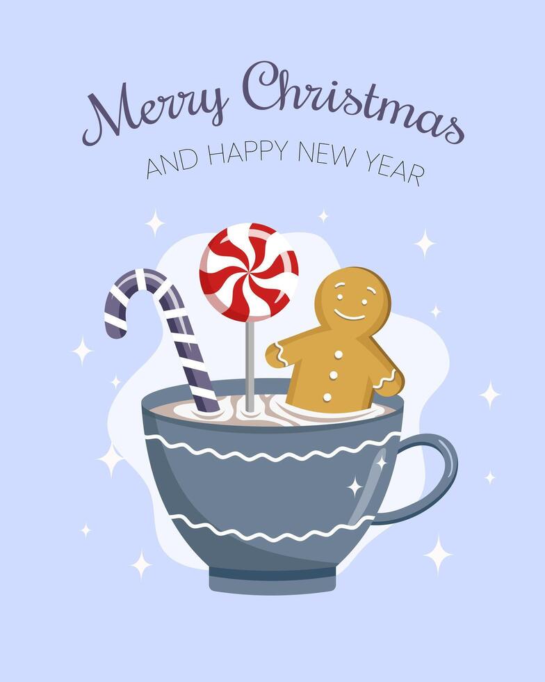 Merry Christmas and Happy New Year. Cup of hot drink with lollipop, cookie and sweet cane. illustration vector