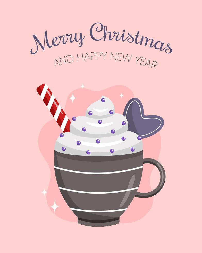 Merry Christmas and Happy New Year. Cup of hot drink with whipped cream, cookie and sweet cane. illustration vector