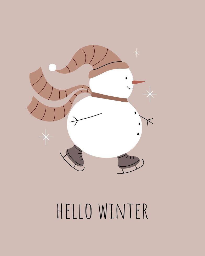 Hello winter. Cute snowman on skates. Greeting card, minimalist card, poster, banner. Hand drawn illustration vector