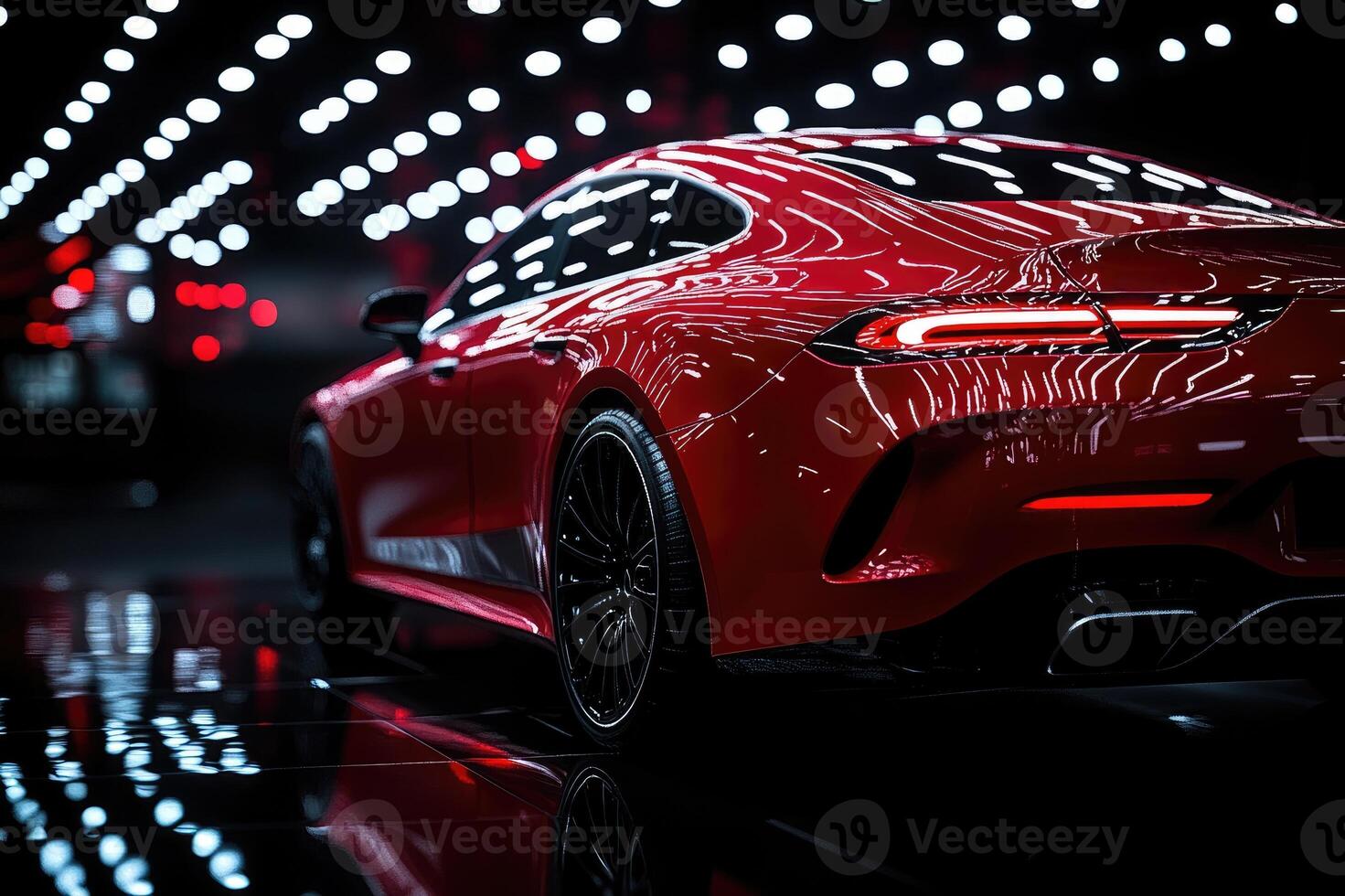 Red sports car parked on black background with copy space photo