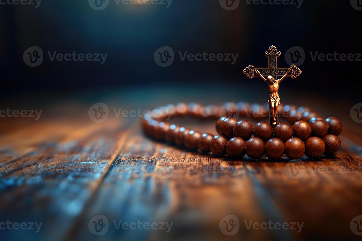 Wooden rosary beads with crucifix resting on rustic tabletop photo