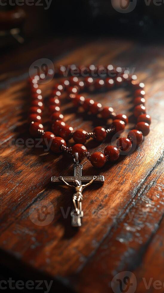 Wooden rosary beads with silver crucifix resting on tabletop photo