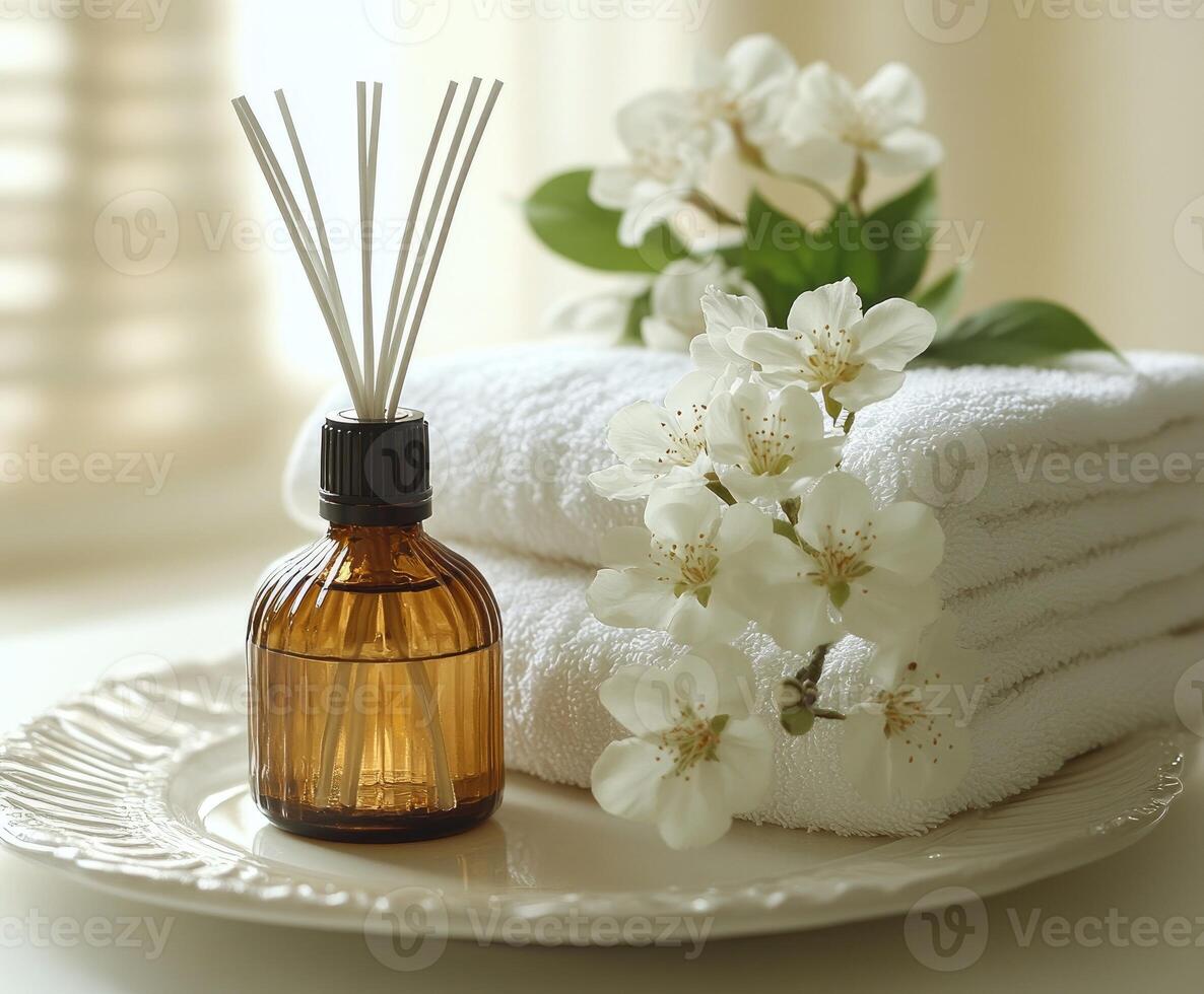 Aromatherapy setup with flowers and oil on white towel. photo