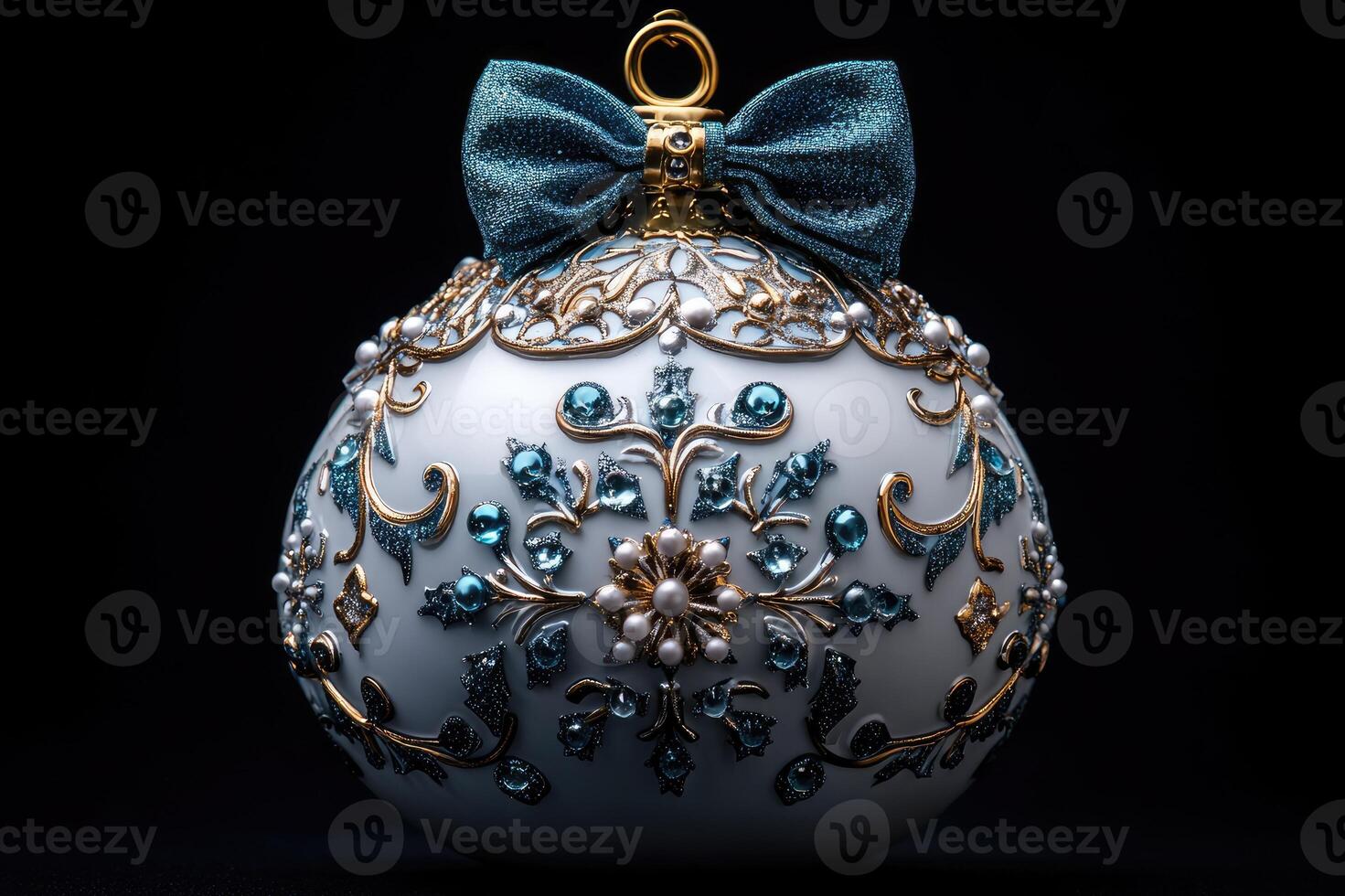Christmas ornament with gold glitter and turquoise jewels standing on a black background photo