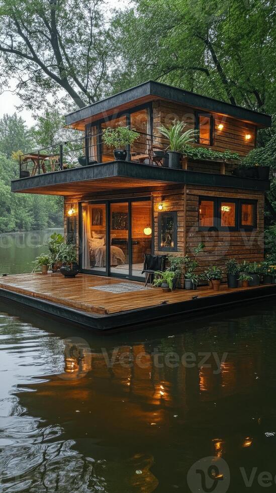 Modern houseboat with plants on a serene water body photo