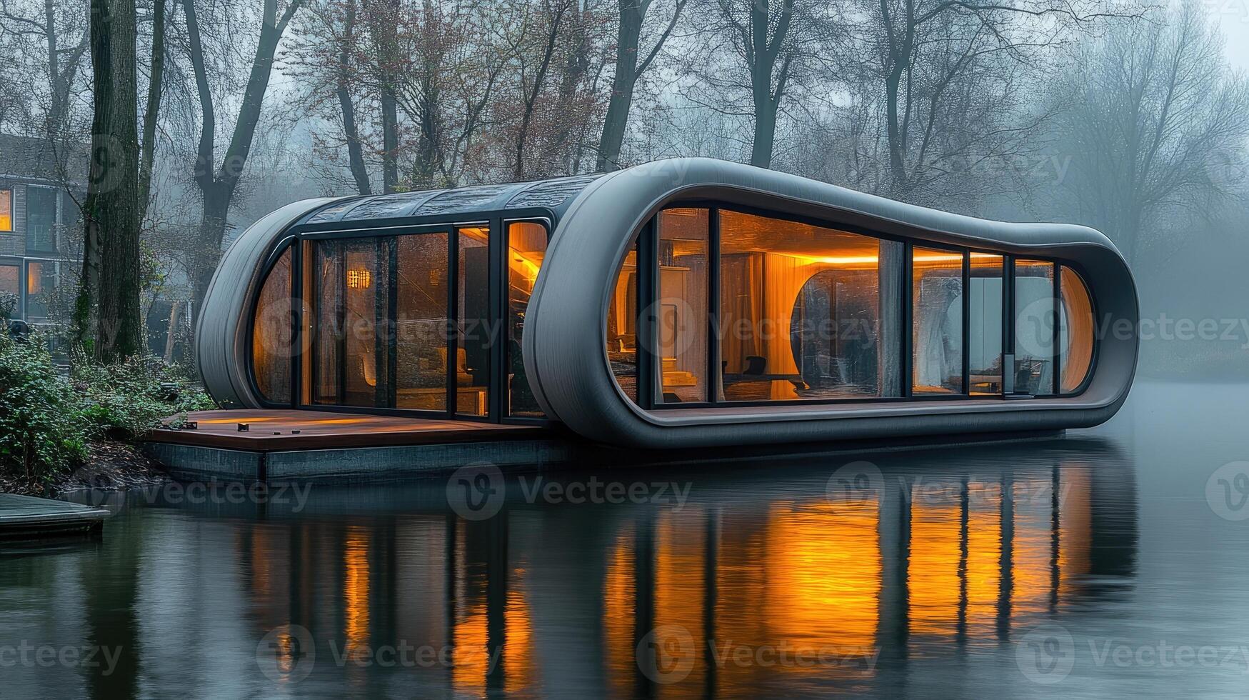 Futuristic oval house floating on water with lights illuminating windows at dusk photo