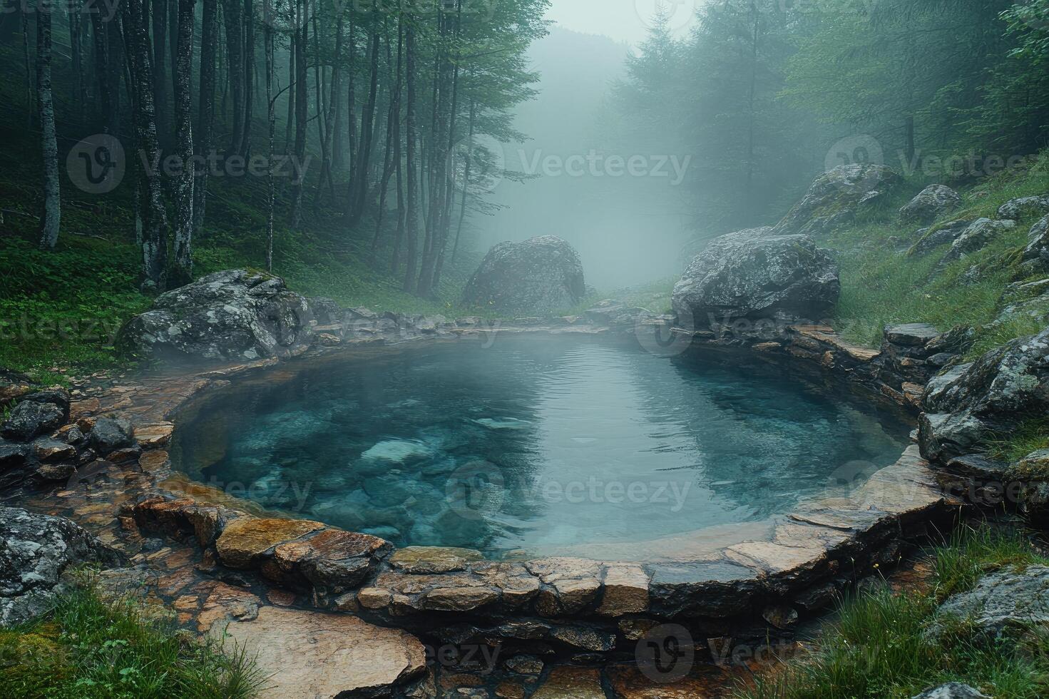 Natural pool reflecting fog surrounded by forest and mountains photo