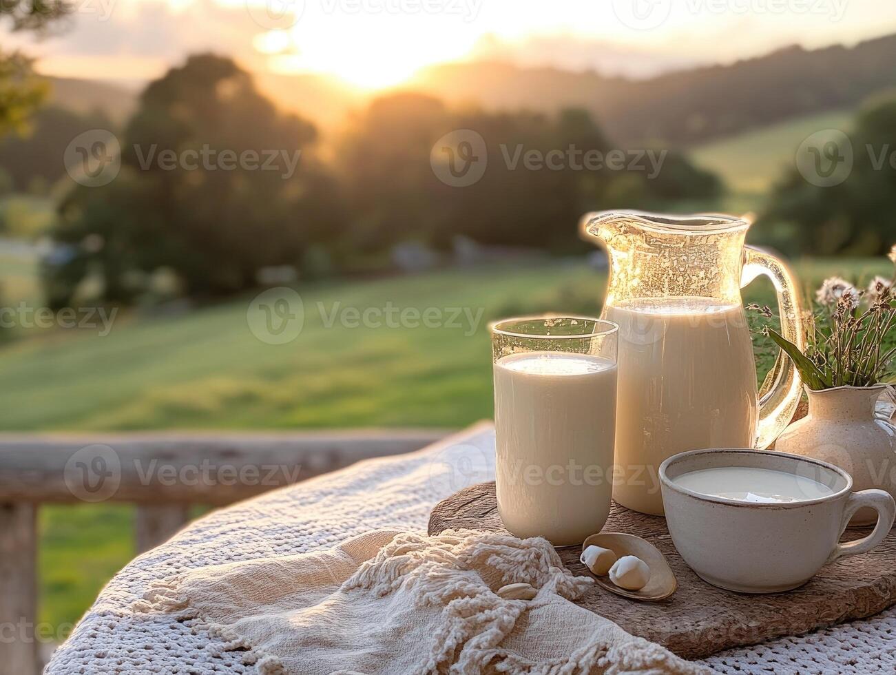 Rustic outdoor breakfast scene with milk and flowers. photo