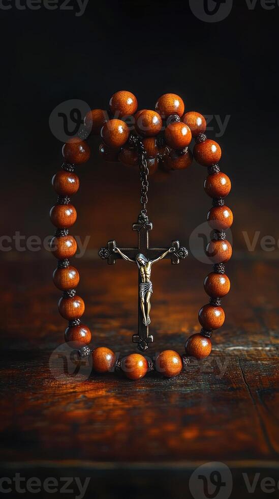 Wooden rosary beads with silver crucifix resting on tabletop photo