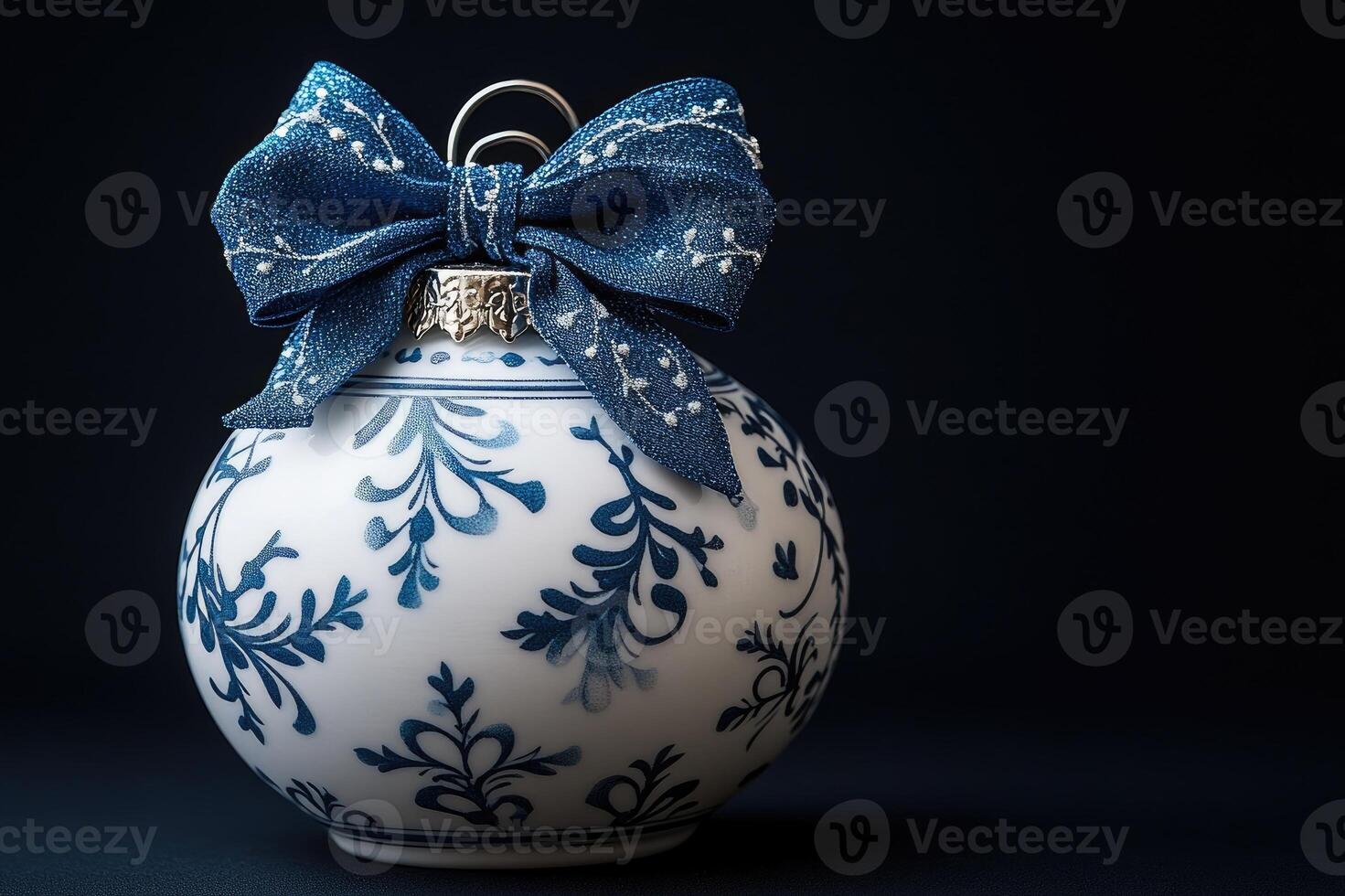 Christmas ornament with gold glitter and turquoise jewels standing on a black background photo