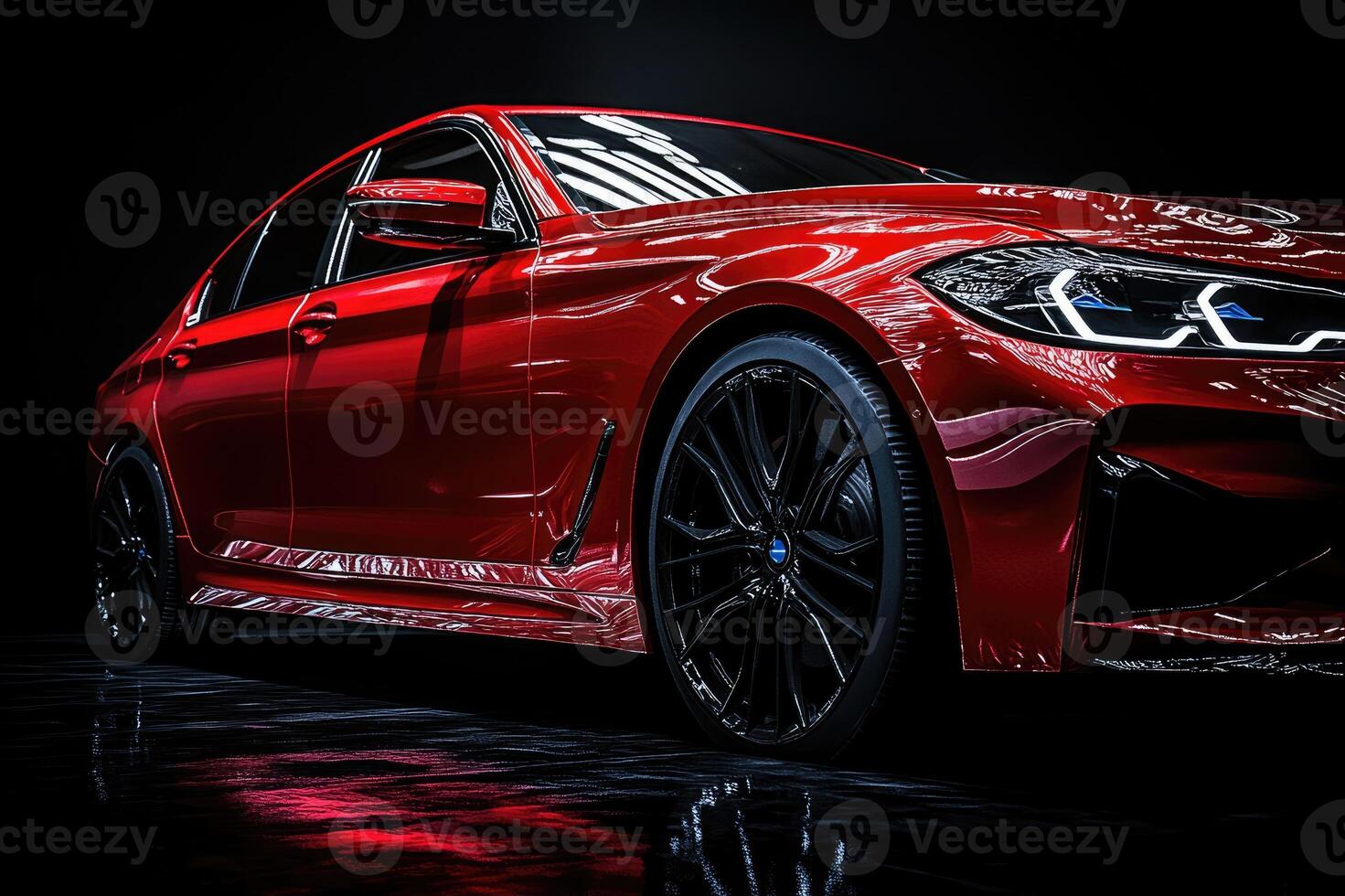 Red sports car parked on black background with copy space photo